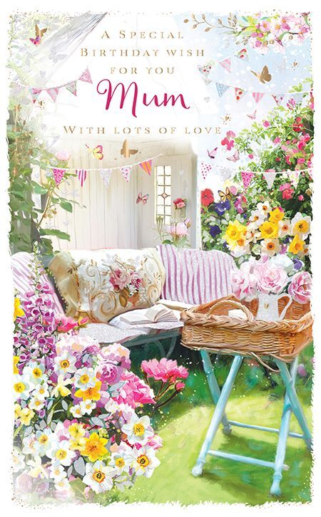 Birthday Card Deluxe - Mum - In The Garden - Glitter - Ling Design NEW
