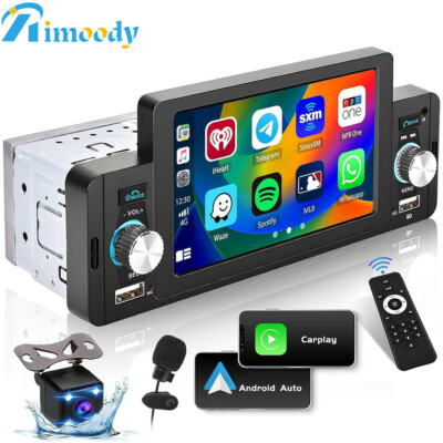 Single 1Din 5'' Touch Car Stereo Radio For Apple/Android CarPlay BT FM USB+Camera