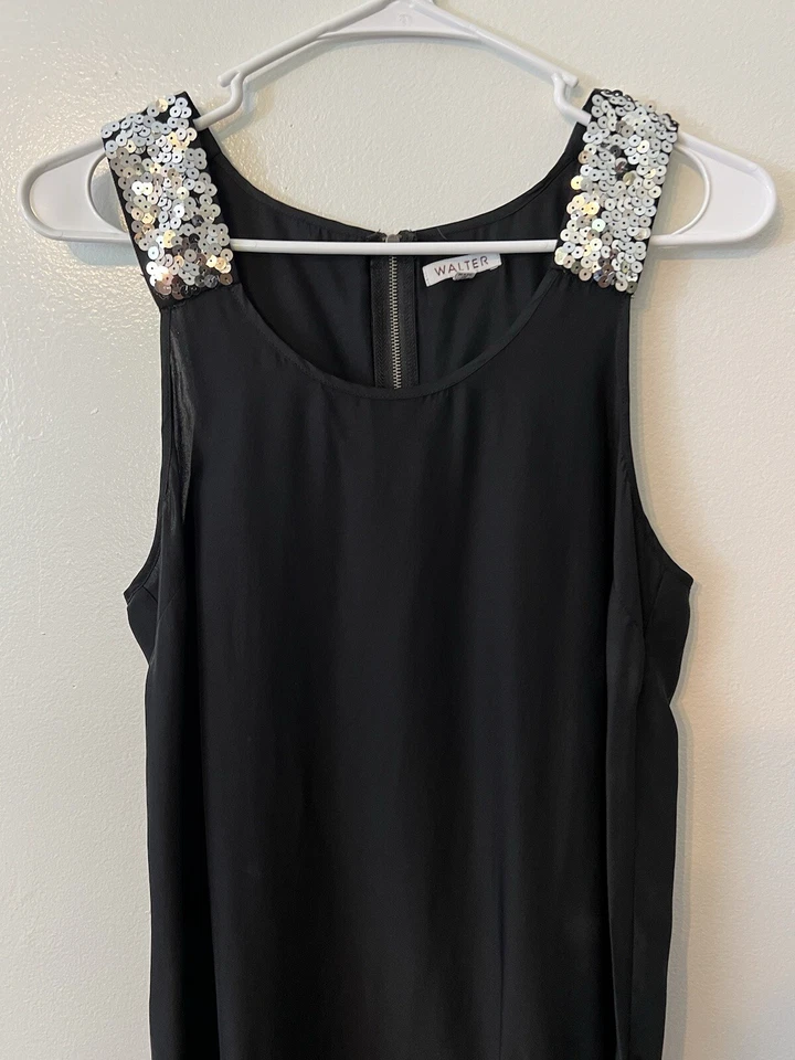 WALTER Mujer Talla 2 100% Seda Negro Sin Mangas Top Secuencia Fiesta Dinero Antiguo Foto 3 de 4