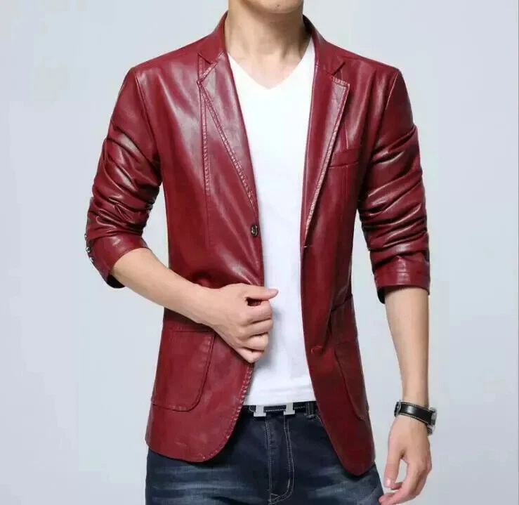 Dark Red Men’s Leather Blazer 100% Pure Lamsbkin 2 Button Custom Made Blazer