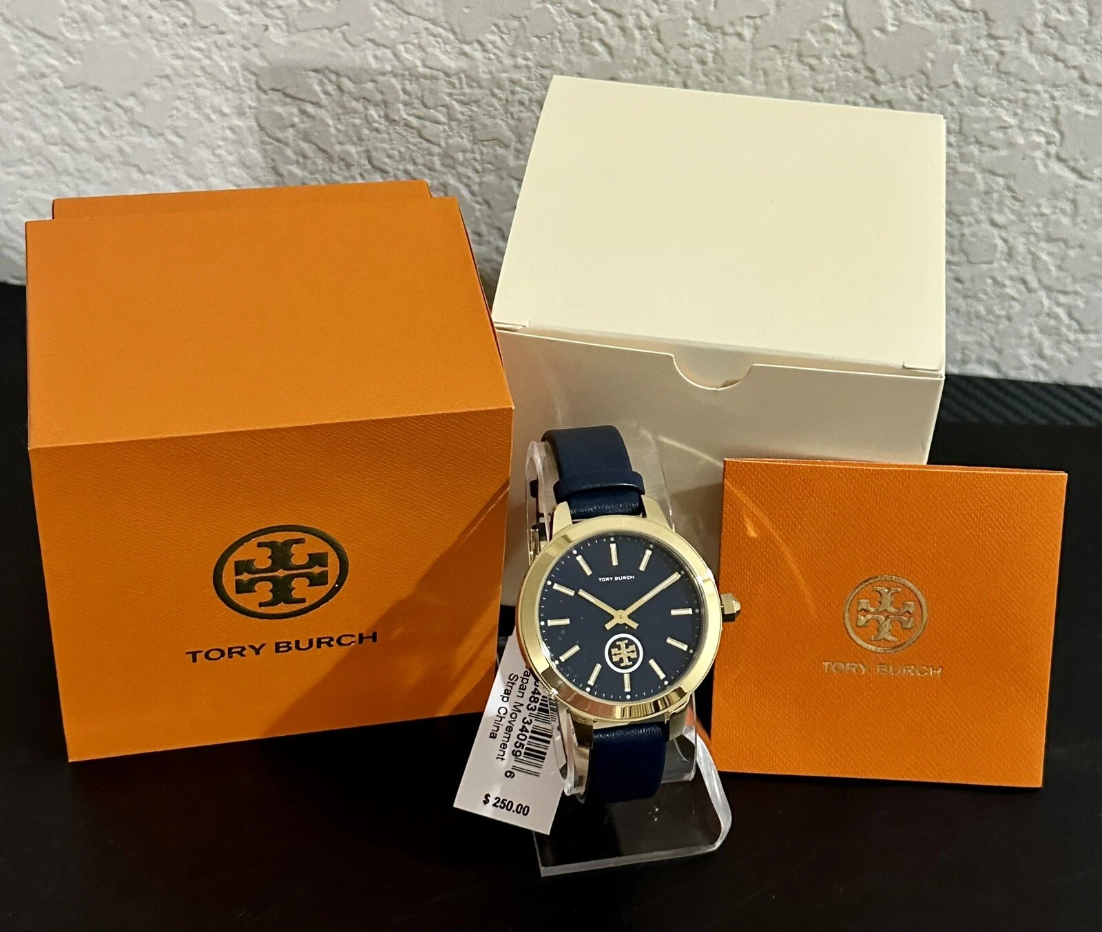 Orologio Nuovo con Etichette Tory Burch Collins Cinturino in Pelle Navy TBW1203