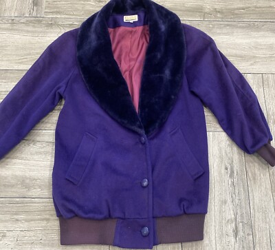 Vintage 100% Wool Lorovi Royal Purple Faux Fur Button Felt Coat