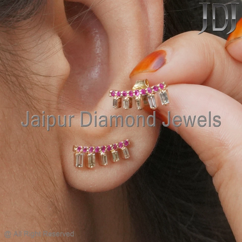 Solid 14k Yellow Gold Jewelry Baguette Diamond Ruby Gemstone Designer Earring - Image 2 of 4