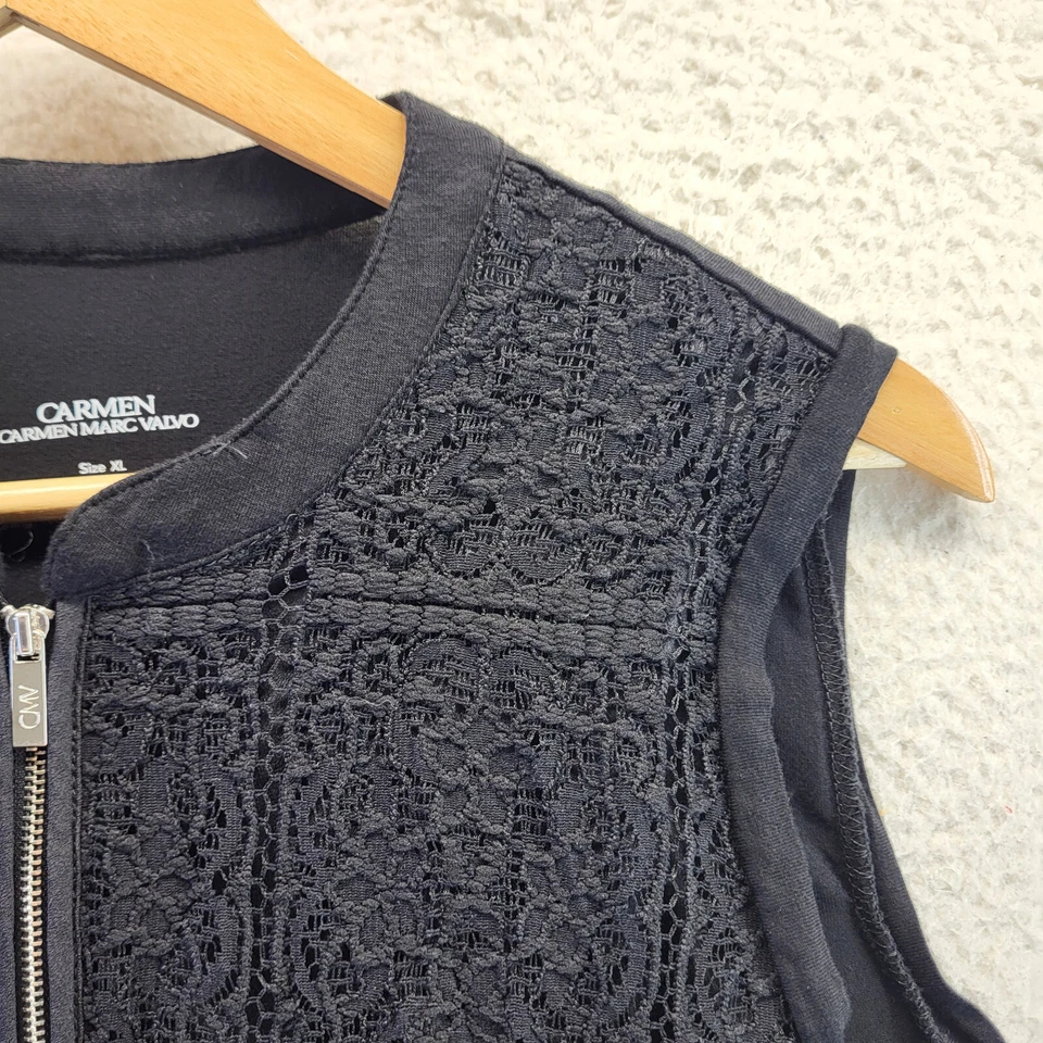 Blusa sin mangas Carmen Marc Valvo 1/4 cremallera encaje para mujer XL negra Foto 3 de 4