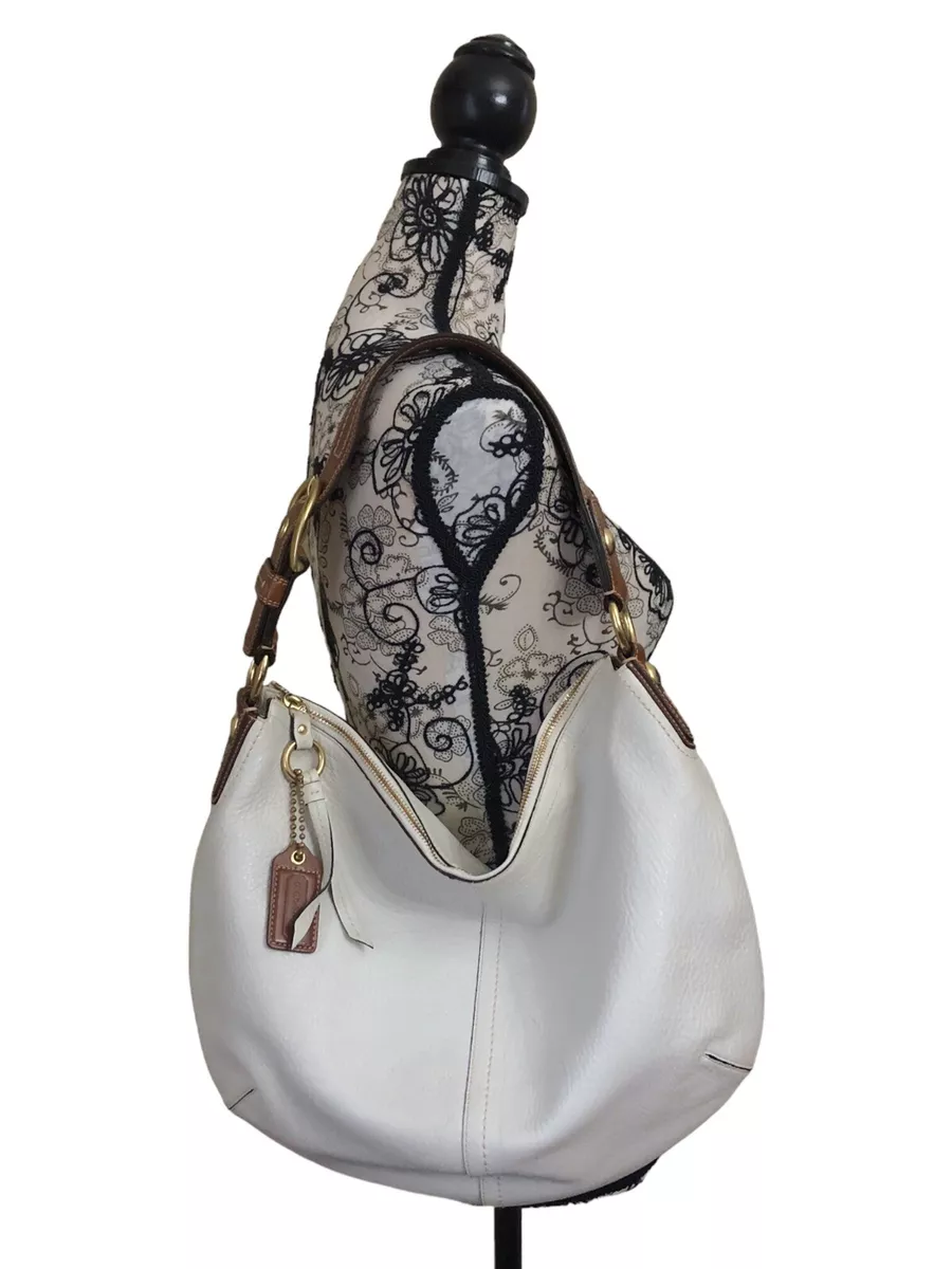 Coach Off White Cream Pebble Leather Hobo Purse Handbag Classic Brown Handle