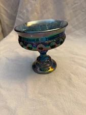 Vintage Indiana Irid Glass Blue Carnival Kings Crown Pedestal Compote Candy Dish