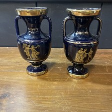 VINTAGE HANDMADE DARK COLBALT BLUE 24K GOLD GREEK VASE 14.5cm X2
