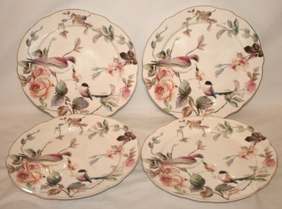 Grace Teaware Pink Flowers Birds Porcelain 9'' Salad Luncheon Plates Set of 4 New