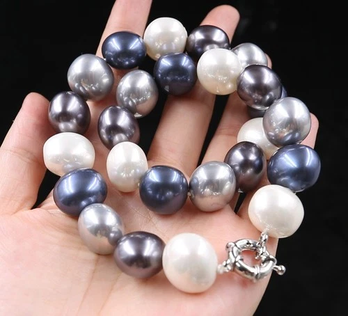 LARGE FASHION 19 MM SOUTH SEA WHITE GREY BLUE BAROQUE SHELL PEARL NECKLACE 18 " - Picture 4 of 9