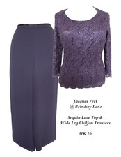 Jacques Vert Purple Lace Sequin  Top  & Matching Chiffon Style Lined Trousers 16
