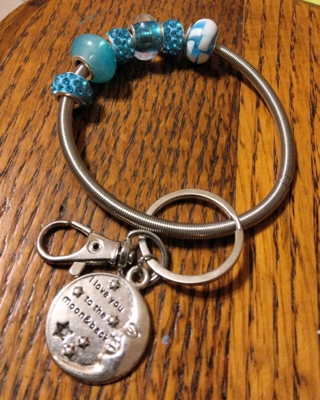 Handmade Key Ring-Glass, Plastic and Rhinestone Spacers. Metal Alloy Moon Charm