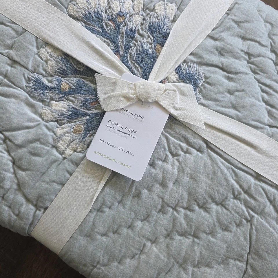 Pottery Barn Coral Reef Embroidered Quilt KING Beach Blue New - Image 2 of 4