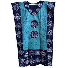 Turquoise Black Floral Print Long Maxi Kaftan Women's Cotton Batik Caftan L-55"