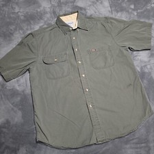 Carhartt Mens Green Distressed Collared Pockets Button Front Work Med Shirt