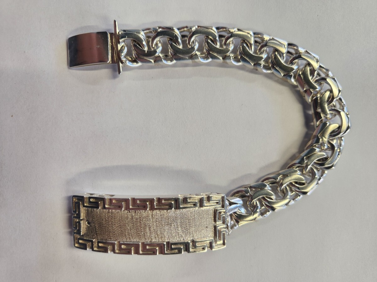 925 Sterling Silver Chino Link Bracelet W/ Versace Boarder Mens