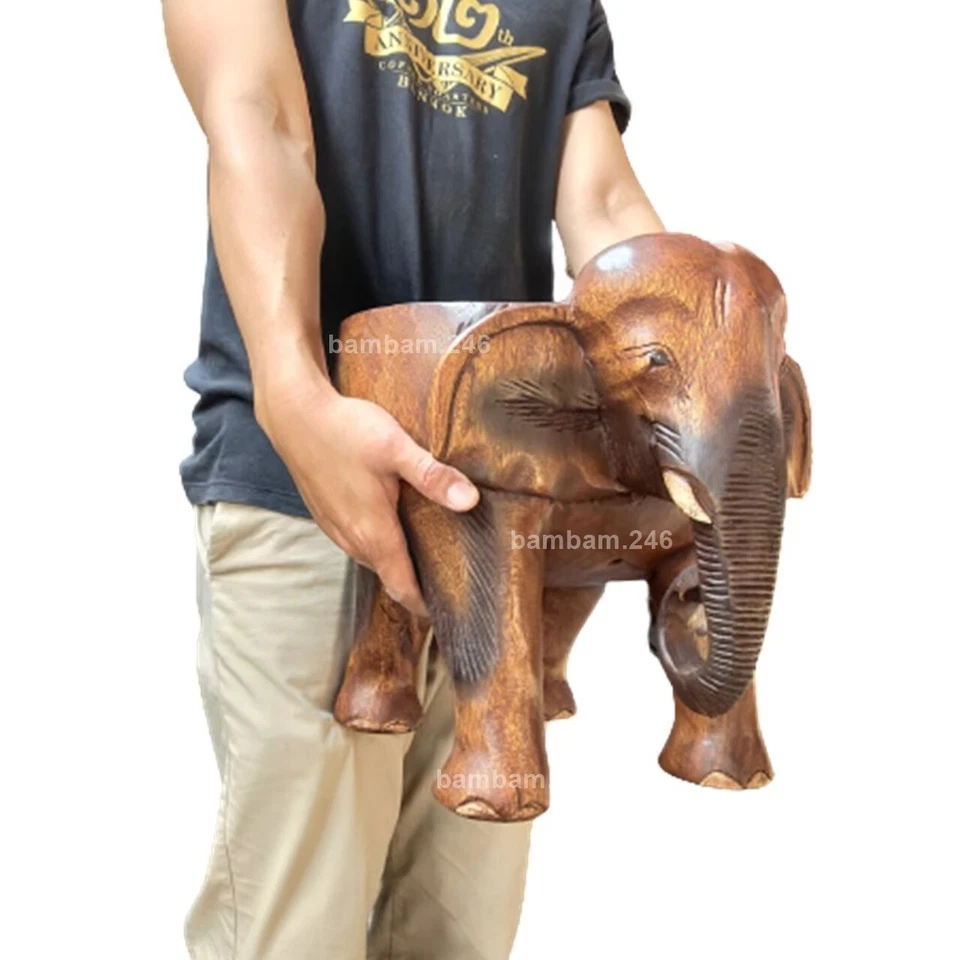 12 inch Elephant Stool Wood Elephant Chair Hand Carved Wooden Thai Statue Chair - Image 3 of 4