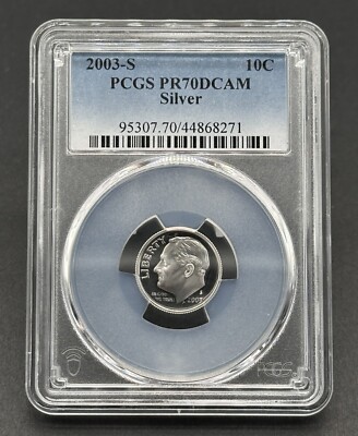 Atemberaubende 10C 2003-S gegradete Roosevelt Deep Cameo Silbermünze Polierte Platte PCGS PR70DCAM