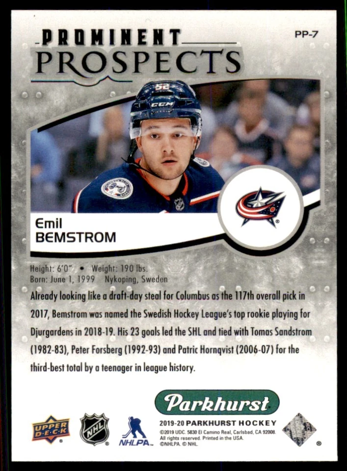 2019-20 Parkhurst Prominent Prospects #PP-7 Emil Bemstrom Columbus Blue Jackets - Image 2 of 2