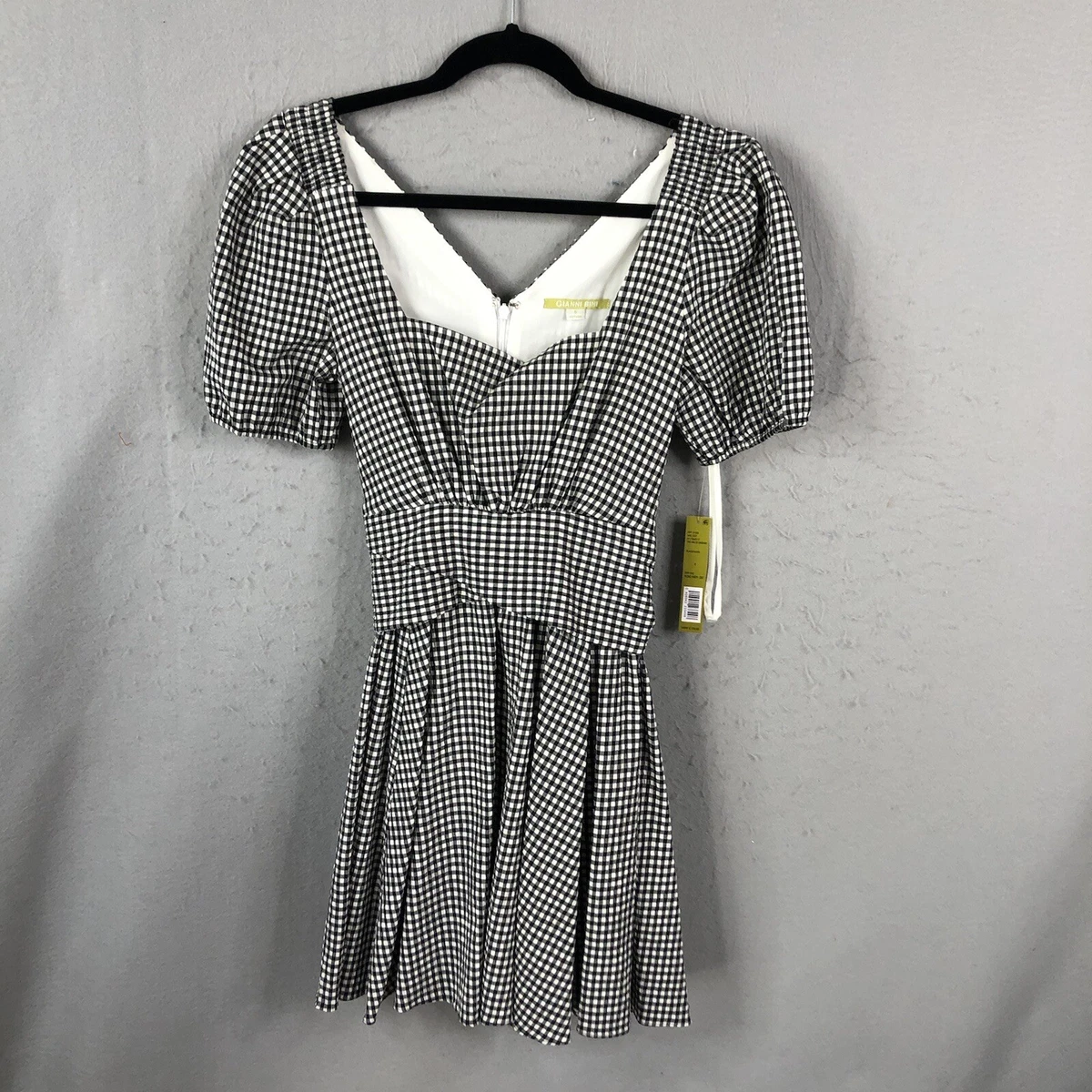 Gianni Bini Dress Womens 6 Black White Gingham Ann Puff Sleeves