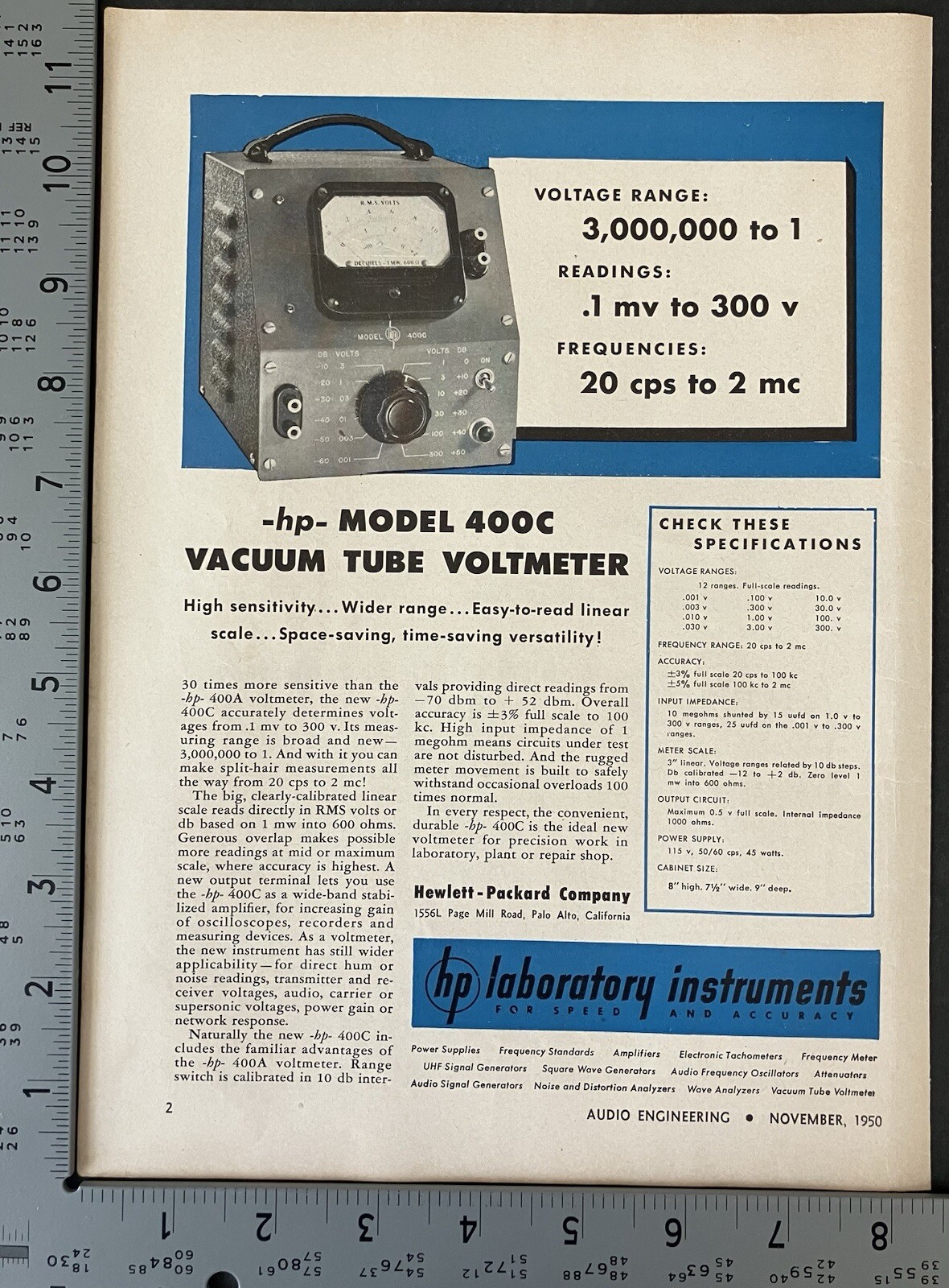 1950 Hewlett-Packard Company Model 400c Vacuum Tube Voltmeter Vintage Print Ad