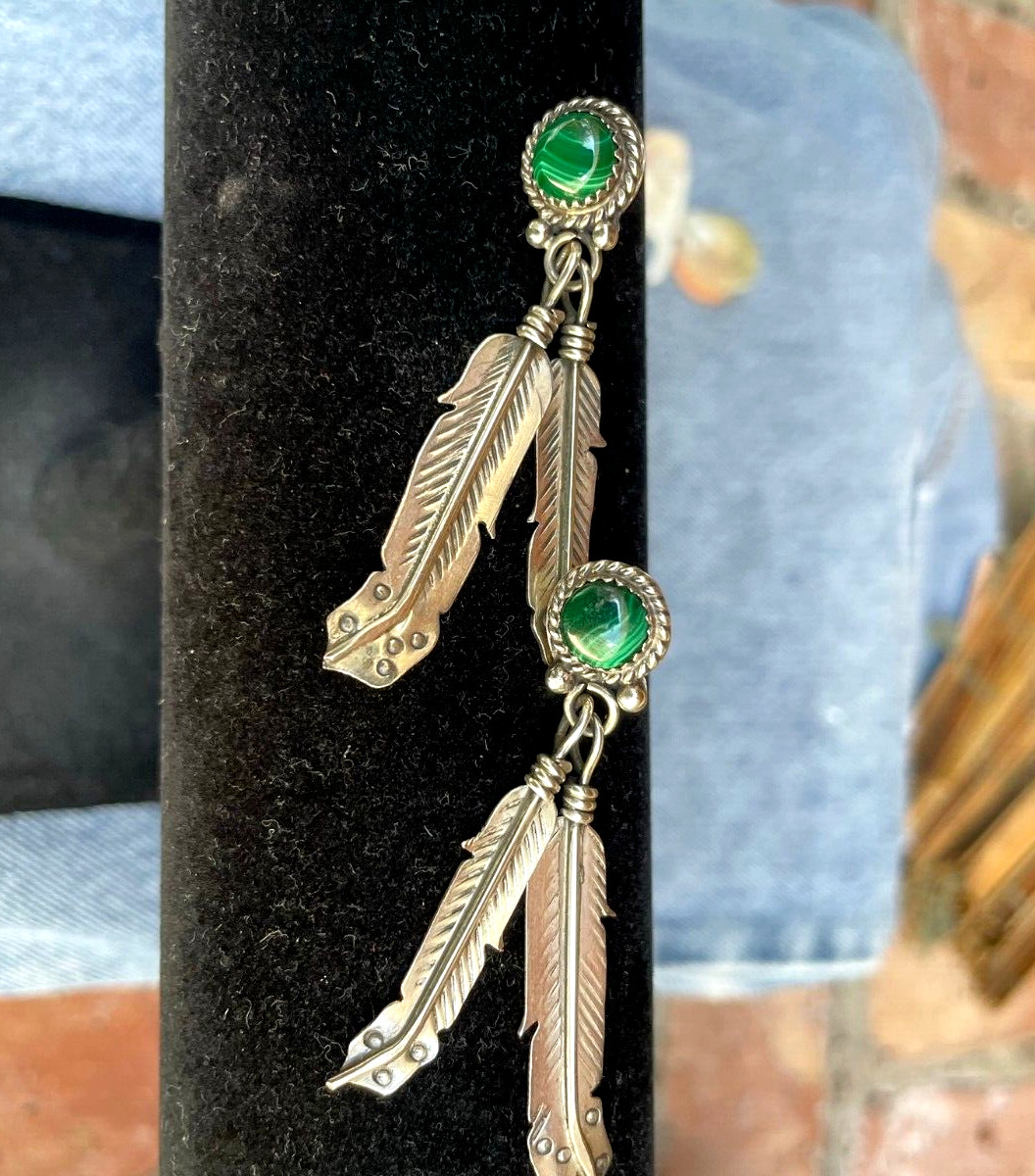 Malachite Post Earrings Signed Feather Moses Jack… - image 4