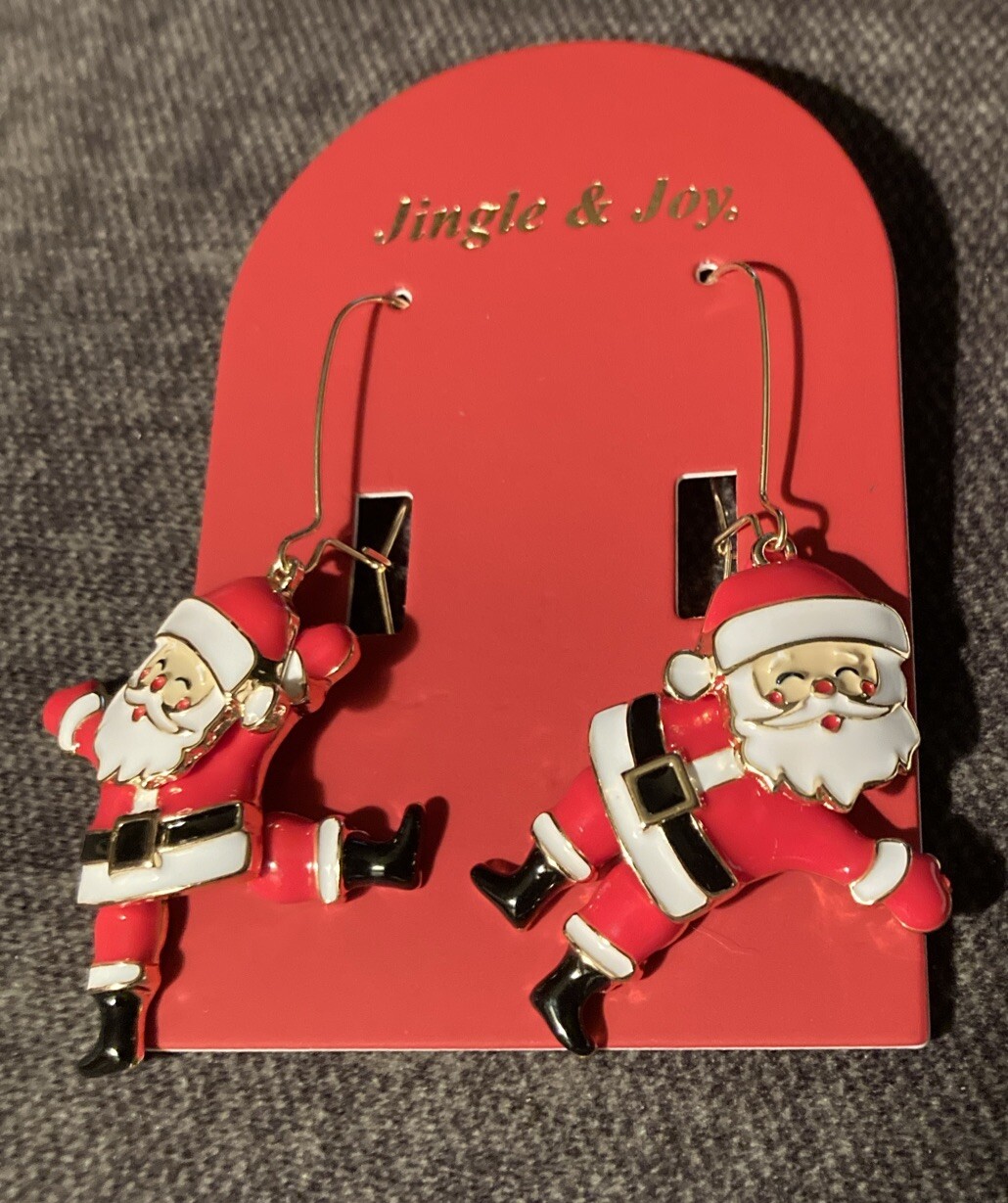 JINGLE & JOY ADORABLE Gold Christmas Santa Earrings W/Movable Legs & Head NIB!