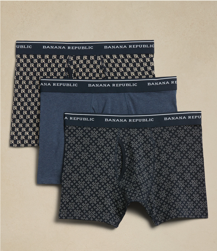 MENS SIZE LARGE 36-38 BANANA REPUBLIC BOXER BRIEFS (3 PACK) NAVY GEO LOGO  NWT