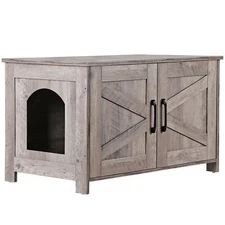 Cat Litter Box Enclosure Hidden Wooden Cat Washroom Indoor Cat House w/Door Gray