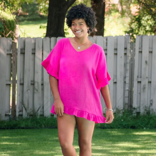ELSIE & ZOEY DEMI ONE SIZE FUSCHIA RUFFLE COTTON SWIMSUIT COVER UP- SO CHIC!!! - Picture 2 of 5