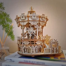 Xmas Sale -3D Wooden Carousel Puzzle with Music Box  367PCS Natural Light Wood