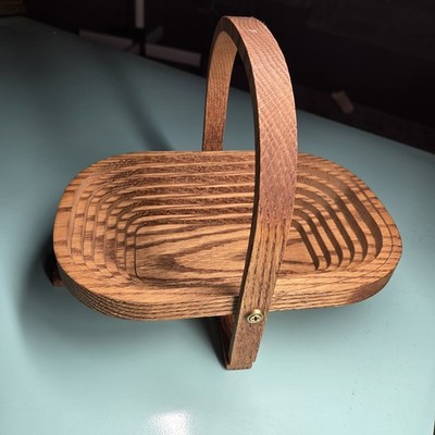 Vintage Handcrafted Wooden Collapsible Spiral Oval Shape Cut Basket Bowl 11''