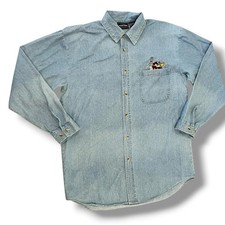 Vtg 90s Shirt Men M Blue Denim Button Up Embroidered Looney Tunes Taz Bugs Daffy