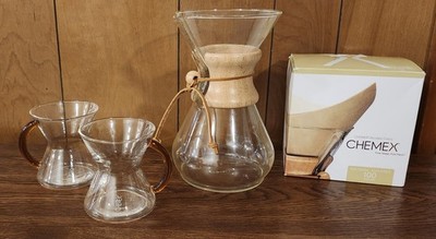 Rare Chemex Gold Handle Cup Set W/ 6 Cup Glass Pour Over Coffee Maker + Filters