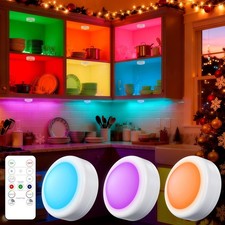 3 Pack LED Puck Lights Remote Control 16 Color Changeable Battery White