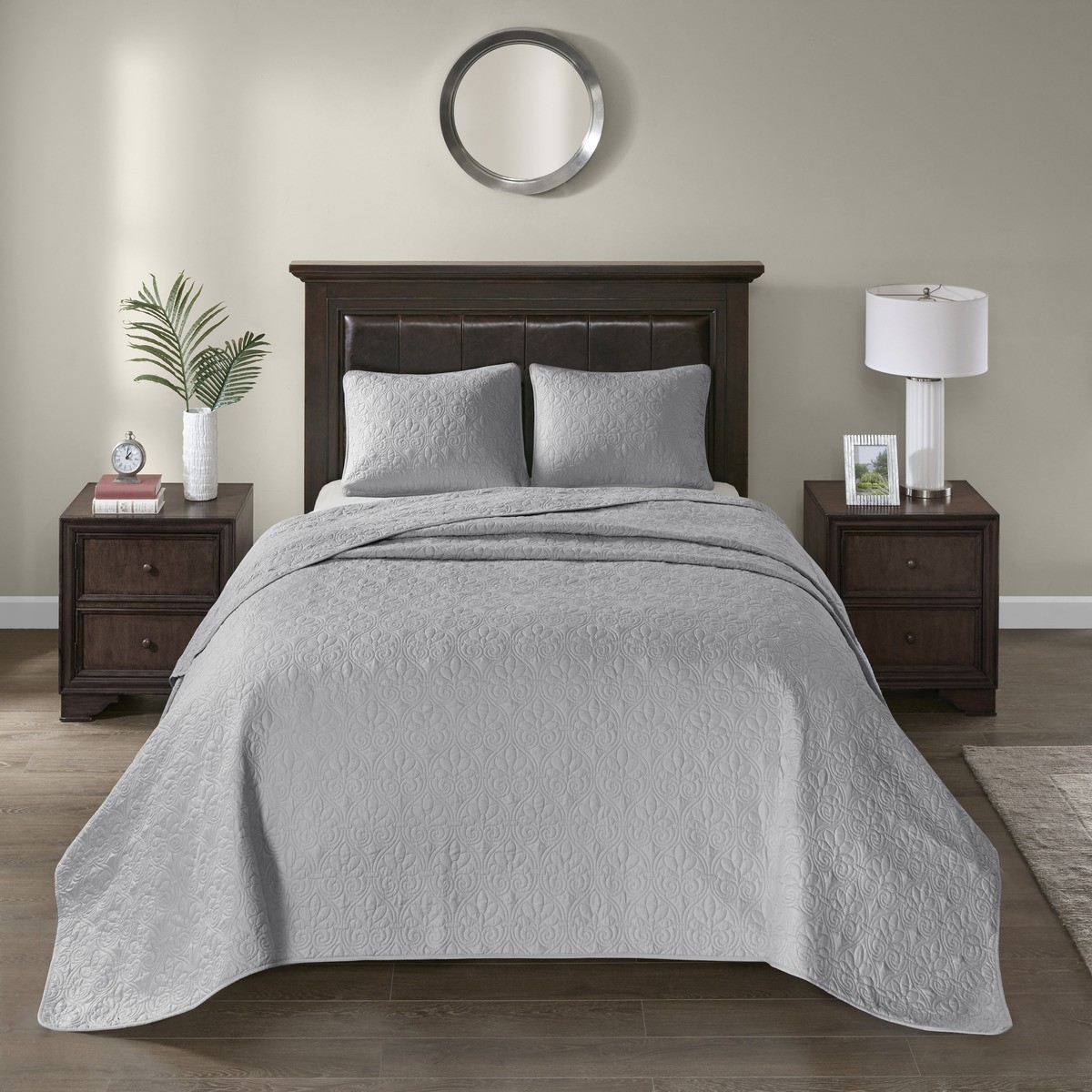 Reversible Queen Bedspread Set Grey Cotton 3 Piece Quilted Bedding Oversized