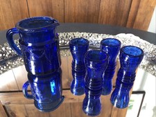 Vtg Cobalt Blue Depression Glass Child  s Miniature Pitcher  Tumbler 5pc Set