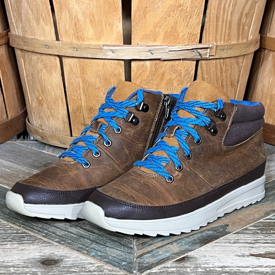 Clarks x Jack Nano Jaxton Run Brown Leather Blue Zip Up Laced Boots Boys Size 4 - Image 3 of 4