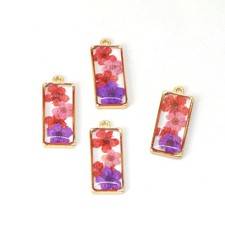 4PCS Gold Tone Real Dried Flower Resin Rectangle Charm Pendant Supply GBY325