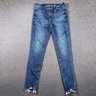 American Eagle High-Rise Jegging Women 4 Blue Denim Stretch Raw Hem Boho Mom