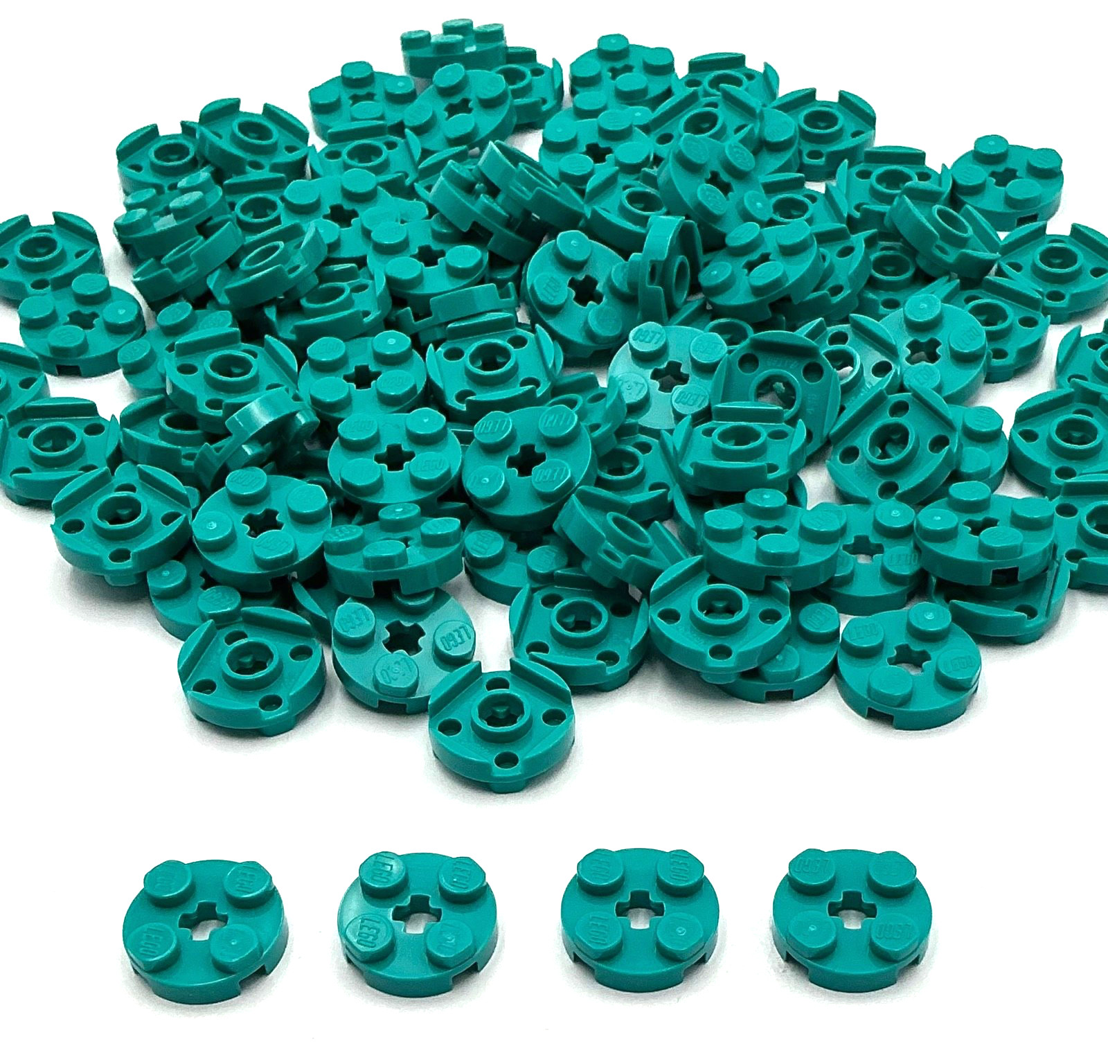Lego 100 New Dark Turquoise Plates Round 2 x 2 with Axle Hole Pieces