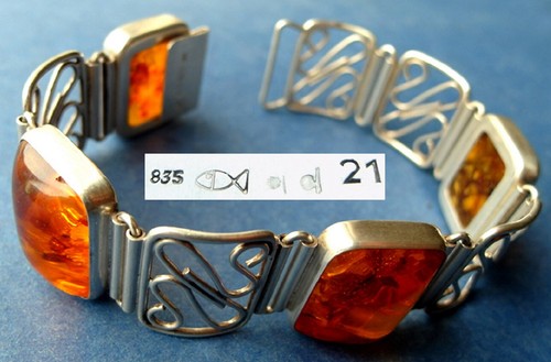 Vintage Armband, echter Bernstein, 835er Silber, Fischmarke, Fischland, 琥珀 Z202 - Picture 2 of 9