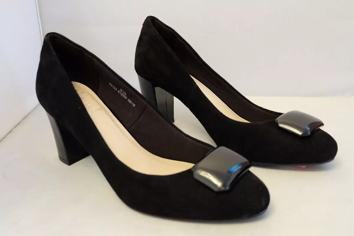 EX M S WIDE FIT Black Suede Leather ALMOND TRIM Court Shoes UK 5.5