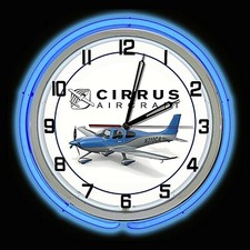 19" Cirrus Aircraft Airplane Sign Blue Double Neon Clock Blue Neon Chrome Finish