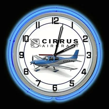 19" Cirrus Aircraft Airplane Sign Blue Double Neon Clock Blue Neon Chrome Finish