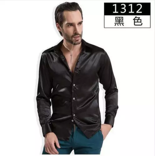 Modisches glänzendes seidiges Satin Hemd Luxus Seide wie Herren Freizeithemden - Bild 21 von 33