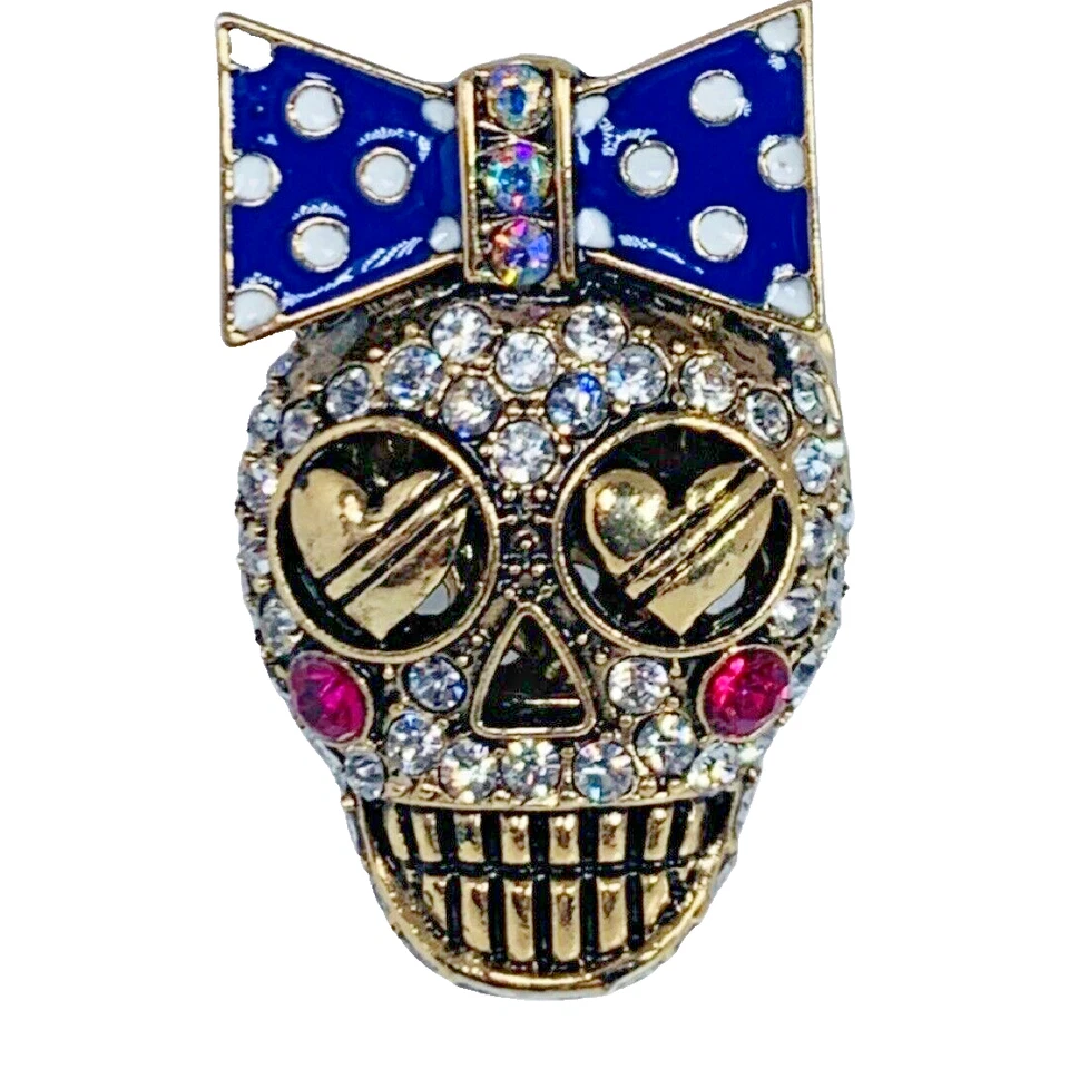 Anel Betsey Johnson Sugar Skull tamanho 7 cristal stretch Ivy League bolinhas - Imagem 3 de 4