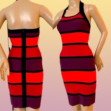 Express Purple Orange Pink Stripe Halter Stretch Cocktail Dress Zips Packable XS