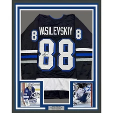 Framed Autographed/Signed Andrei Vasilevskiy 35x39 Black Hockey Jersey JSA COA