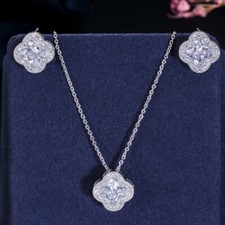 Clover Natural Flower Fire White Topaz Silver Necklaces Pendants Earrings Set