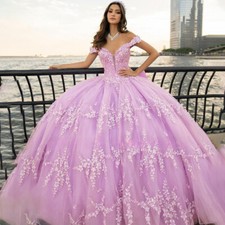 Tulle Quinceanera Dresses Off The Shoulder 3D Flowers Applique Beading Ball Gown